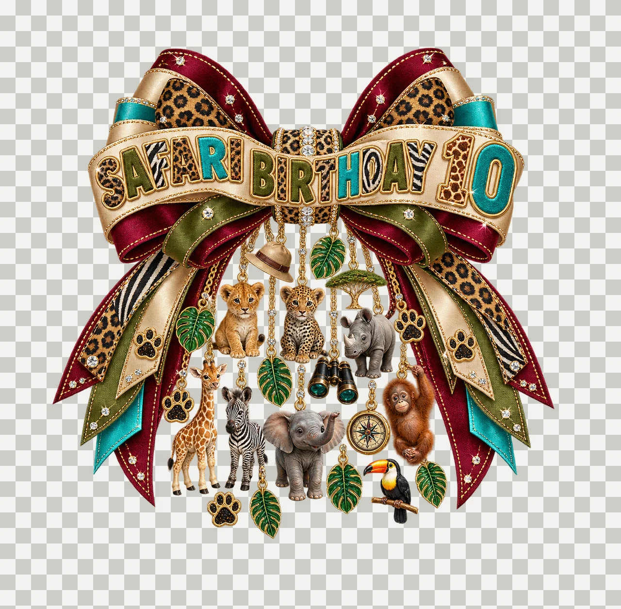 Safari Birthday 10 Bow Charm PNG, Jungle Animal Birthday Clipart, Transparent Sublimation Digital Download transparency and detail preview thumbnail