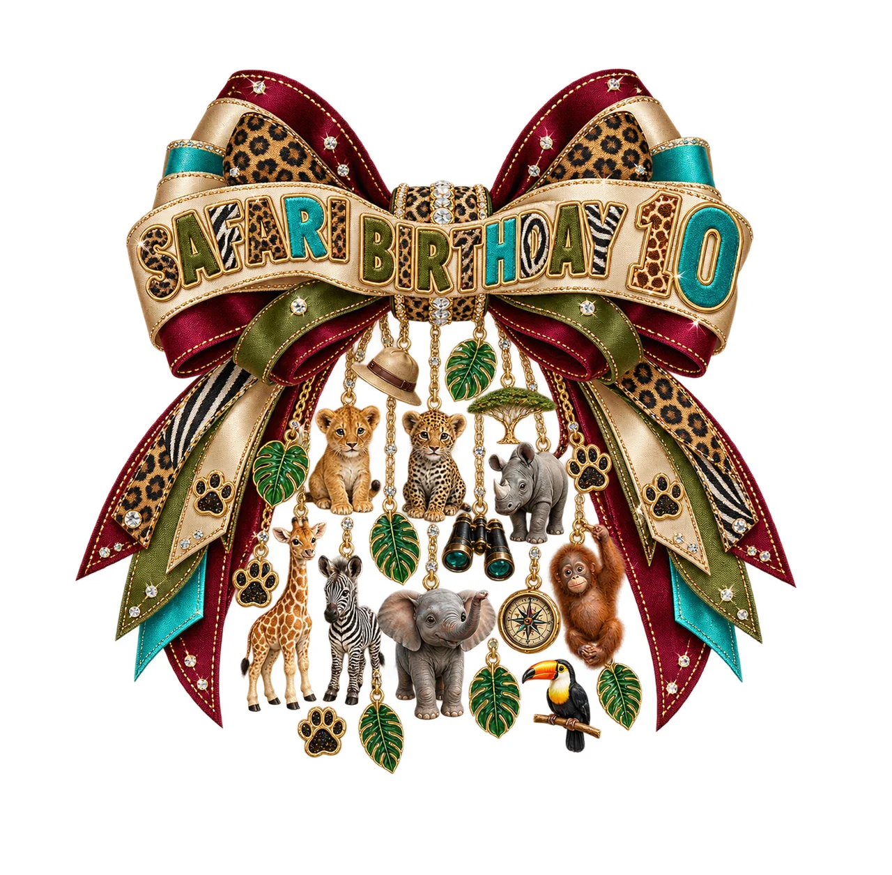 Safari Birthday 10 Bow Charm PNG, Jungle Animal Birthday Clipart, Transparent Sublimation Digital Download