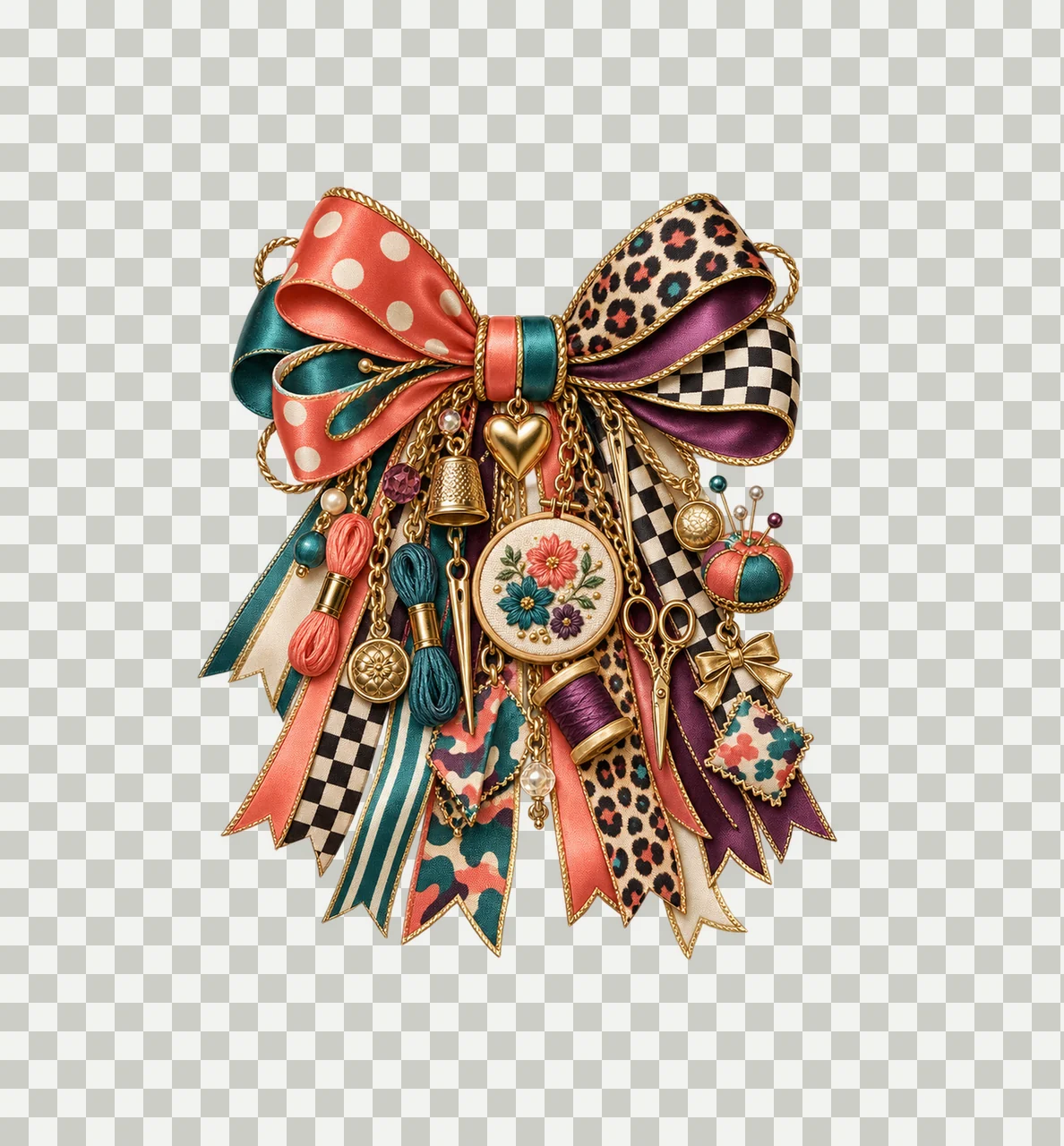 Embroidery Artist Bow Charm PNG, Themed Gold Chain Charms, Coquette Ribbon Sublimation Design, Transparent Digital Download transparency and detail preview thumbnail