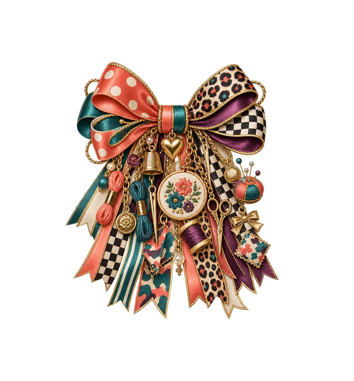 Embroidery Artist Bow Charm PNG, Themed Gold Chain Charms, Coquette Ribbon Sublimation Design, Transparent Digital Download