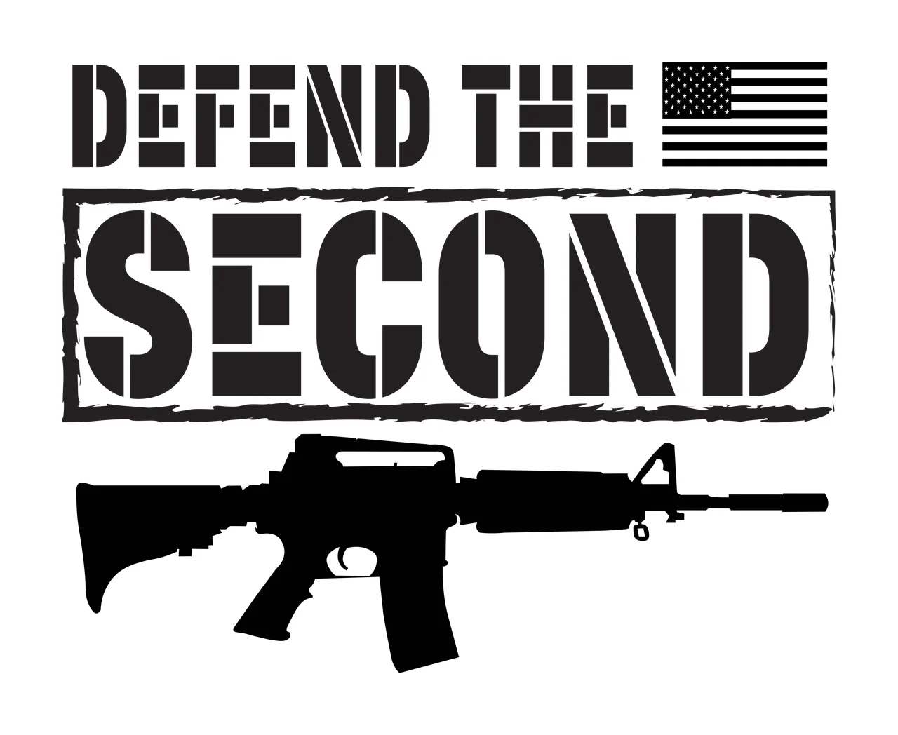 DEFEND THE SECOND Typography Design with text 'DEFEND THE SECOND', American flag icon and rifle silhouette in black and white