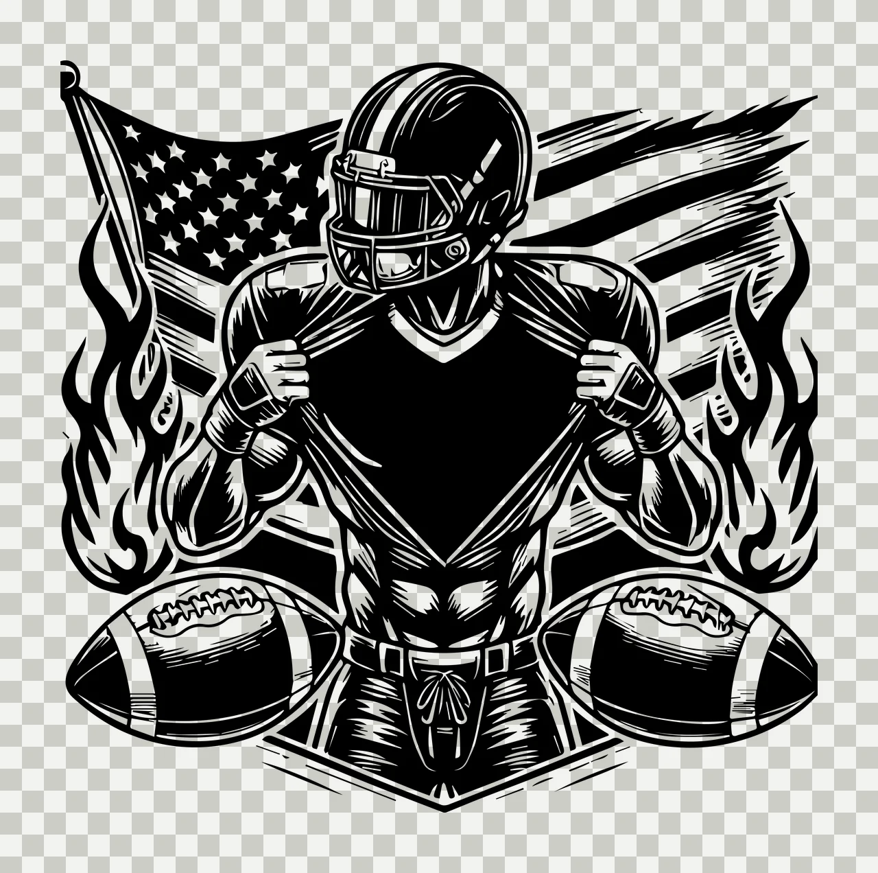 Football Player Player Flag With Flaming Background tearing jersey transparency and detail preview thumbnail
