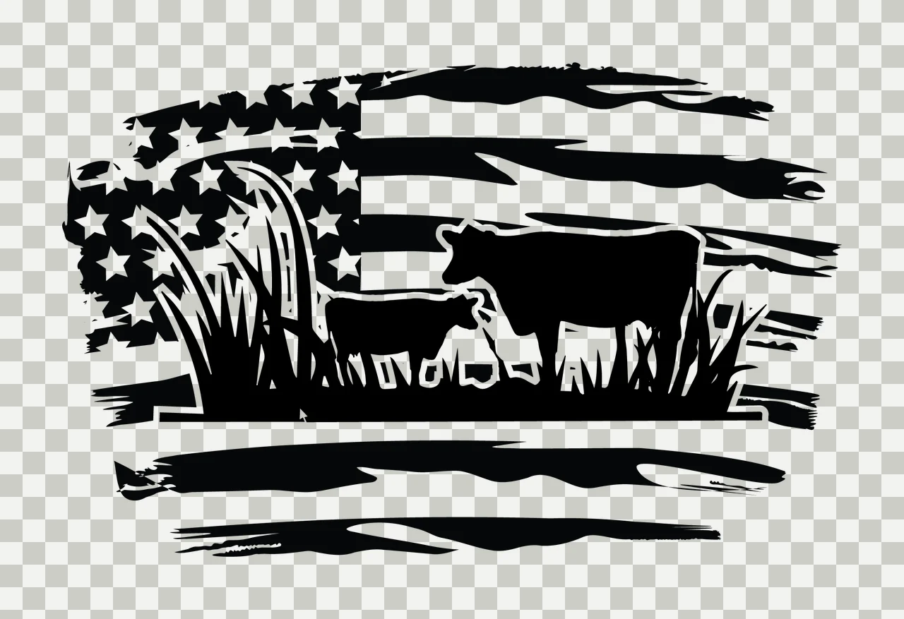 Flag Cattle Grazing On American Silhouette stars stripes grass transparency and detail preview thumbnail