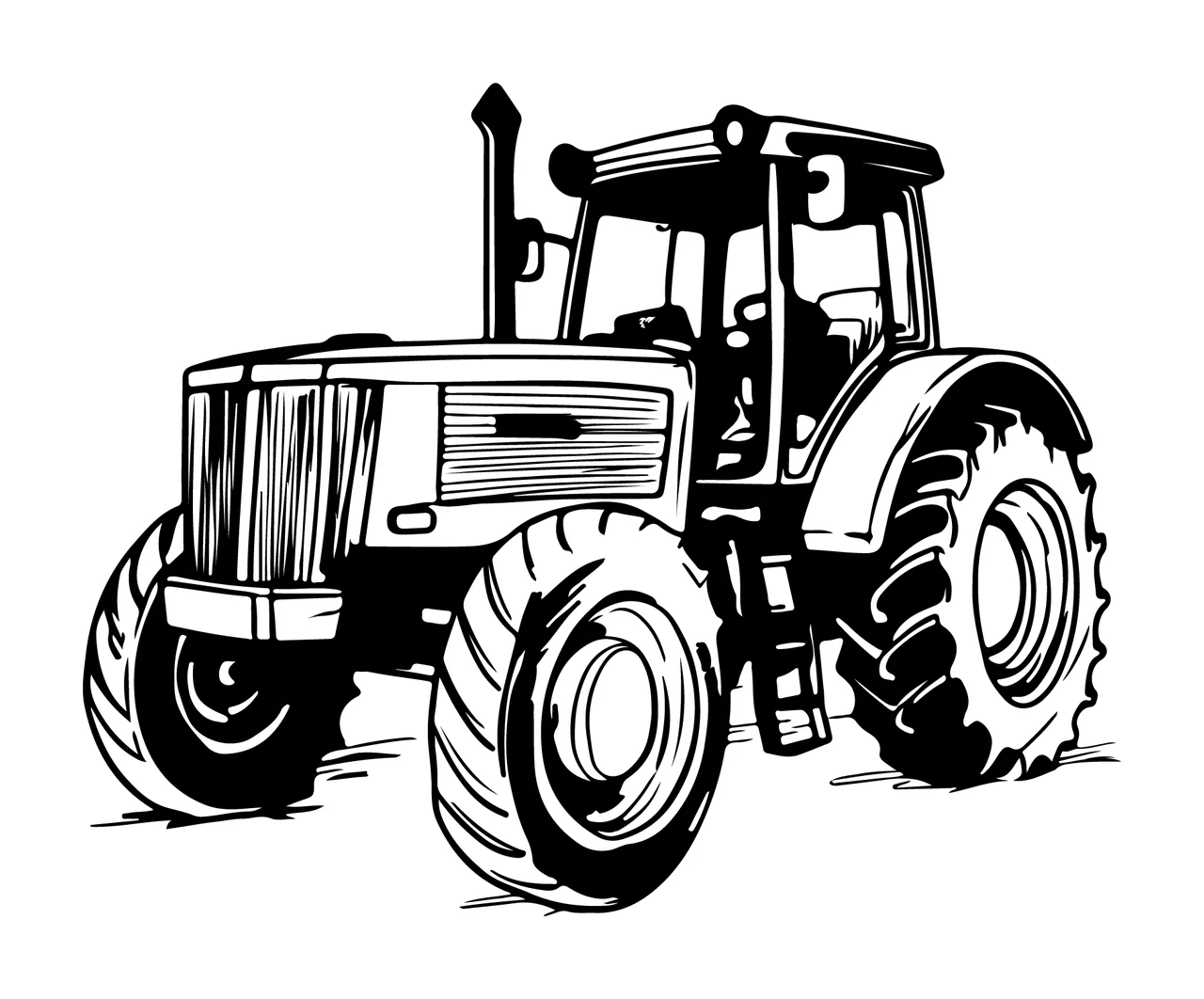 Black And White Farm Tractor stationary tire exhaust pipe line drawing