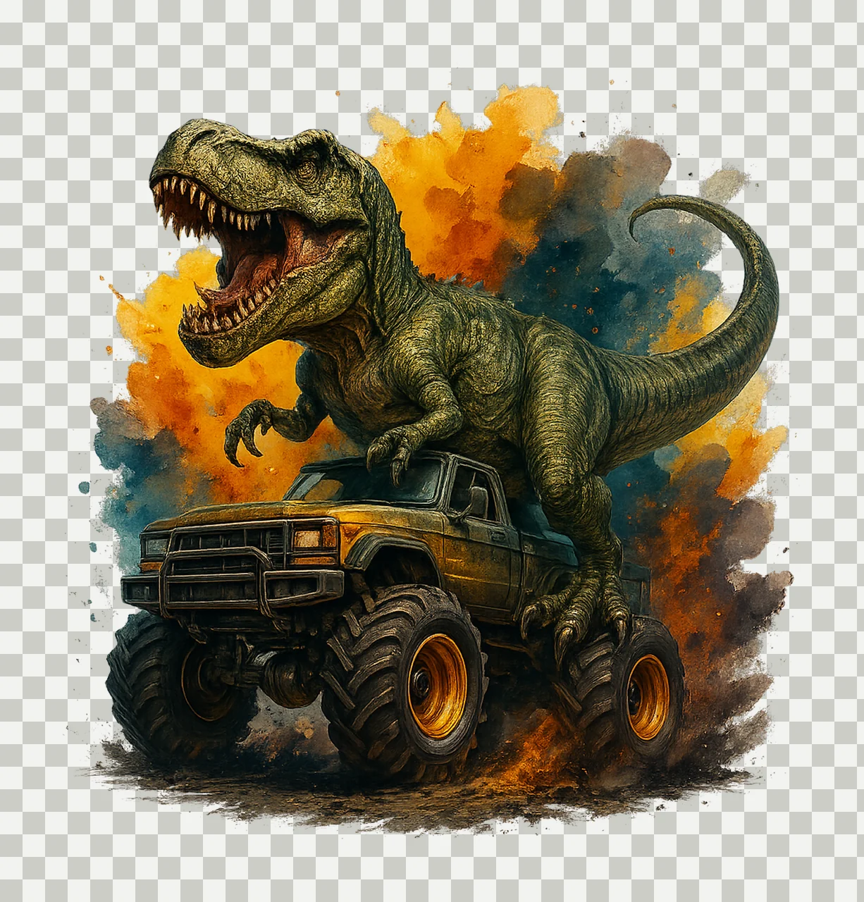 Trex Riding Monster Truck Dinosaur Sublimation Design Cute transparency and detail preview thumbnail