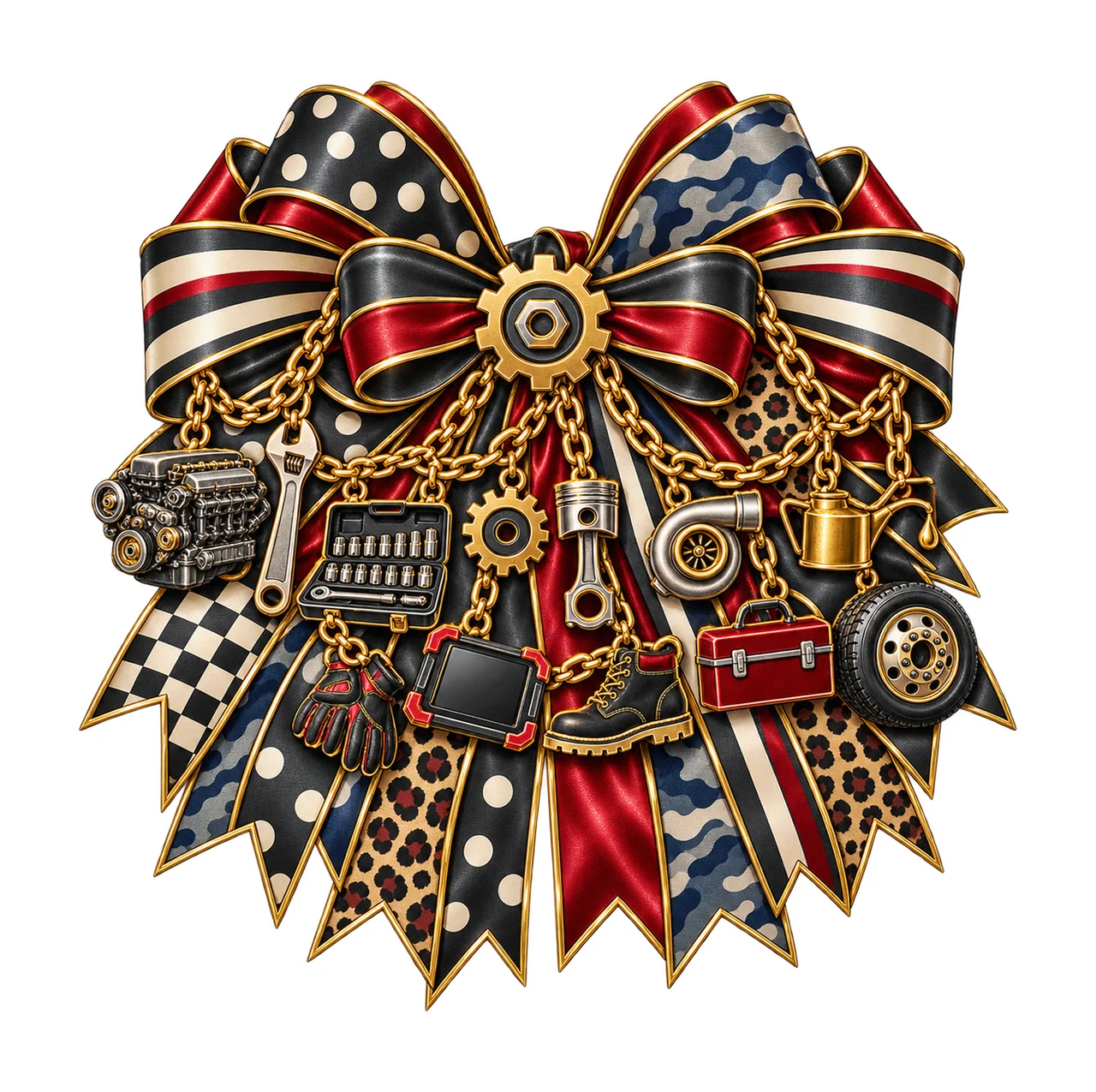 Diesel Mechanic Bow Charm PNG, Gold Chain Charms, Transparent Sublimation Design, Digital Download