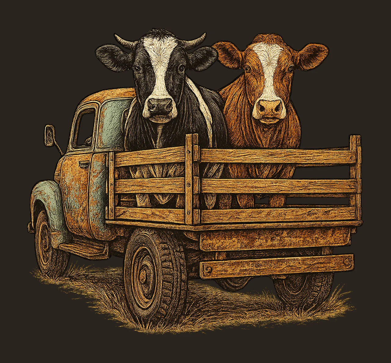Cows in Farm Truck Watercolor Cow Artwork Farming Design Old contrast preview thumbnail