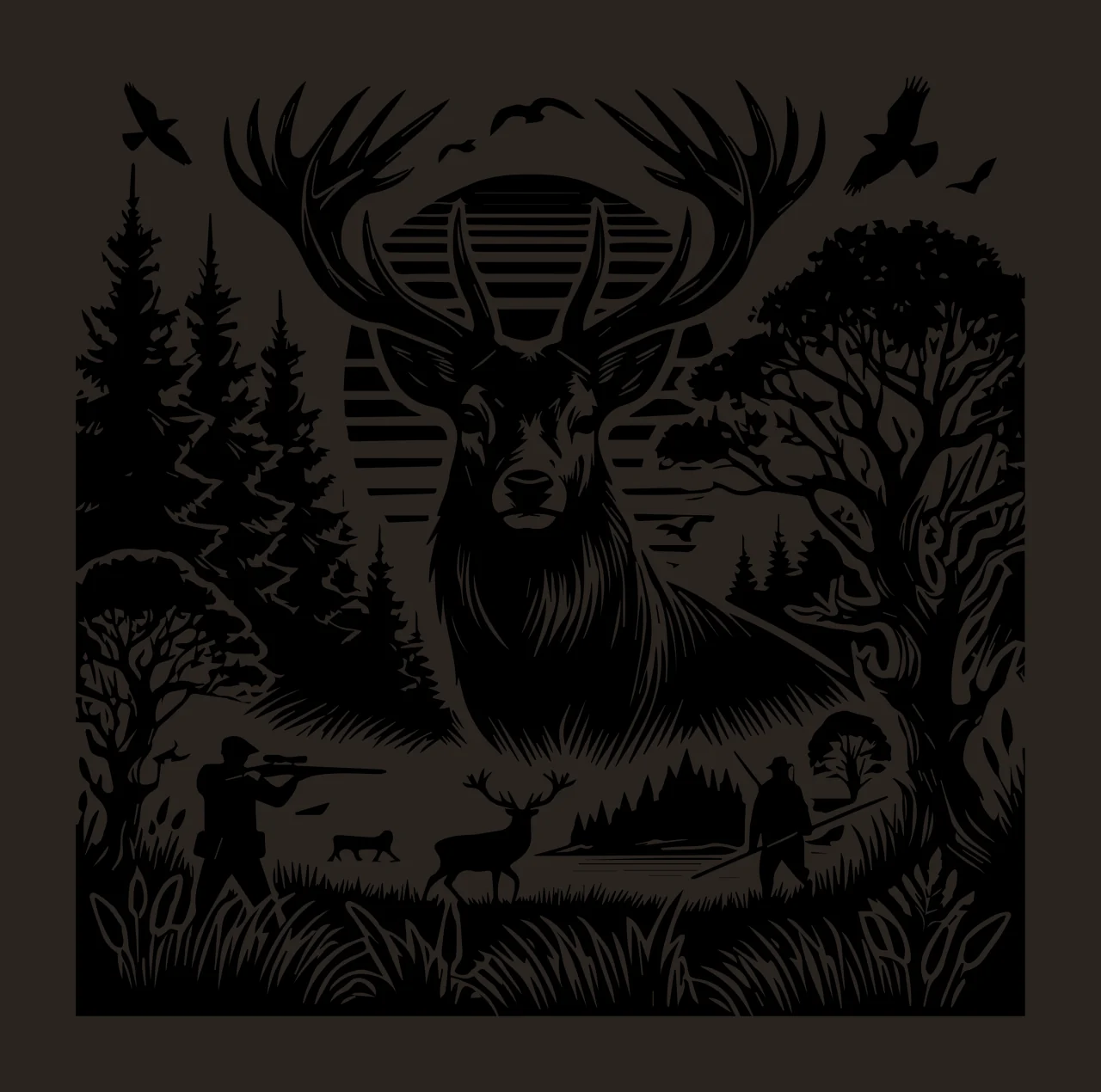 Hunting Stag In Forest Scene Graphic standing trees hunter contrast preview thumbnail