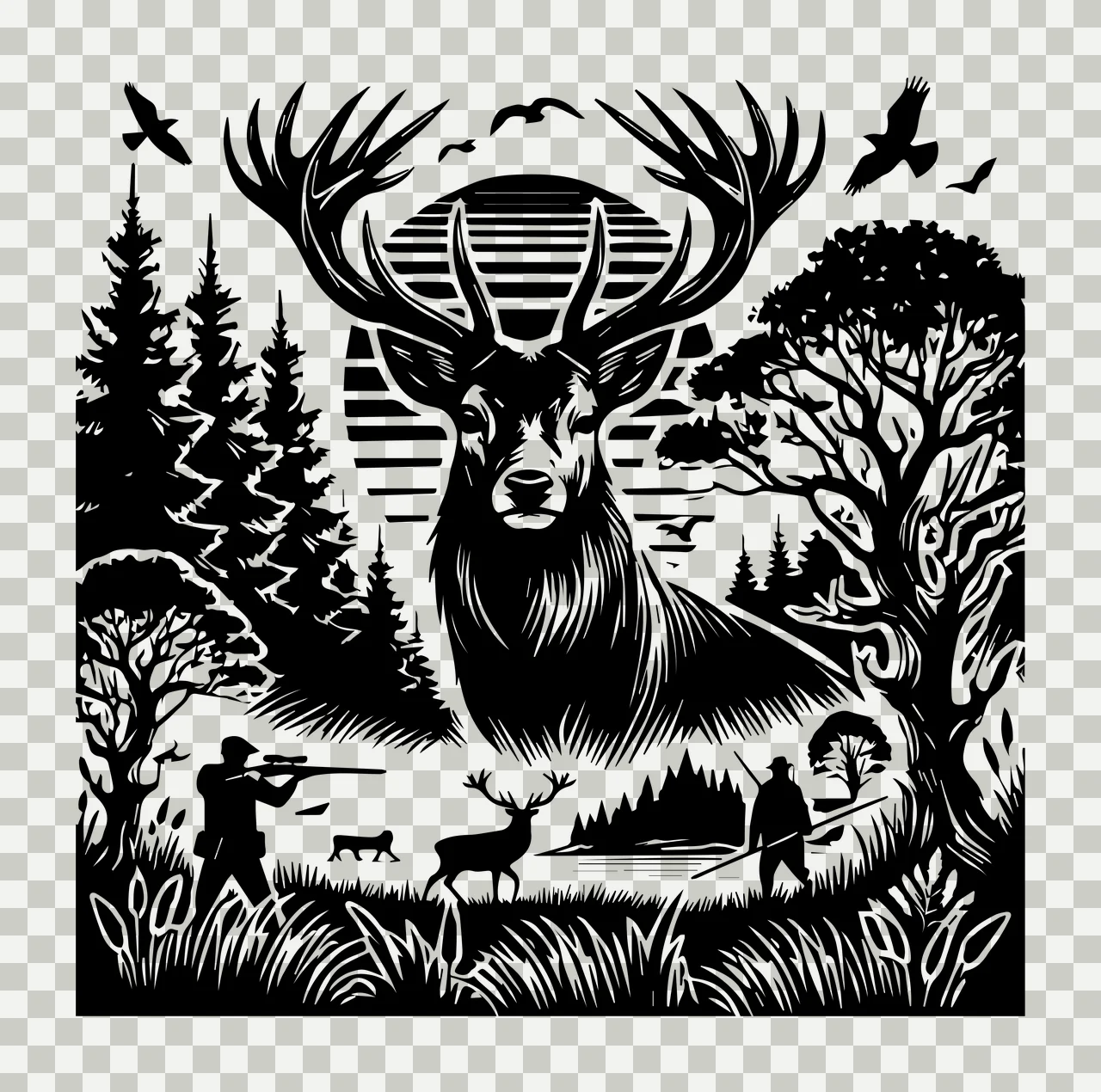 Hunting Stag In Forest Scene Graphic standing trees hunter transparency and detail preview thumbnail