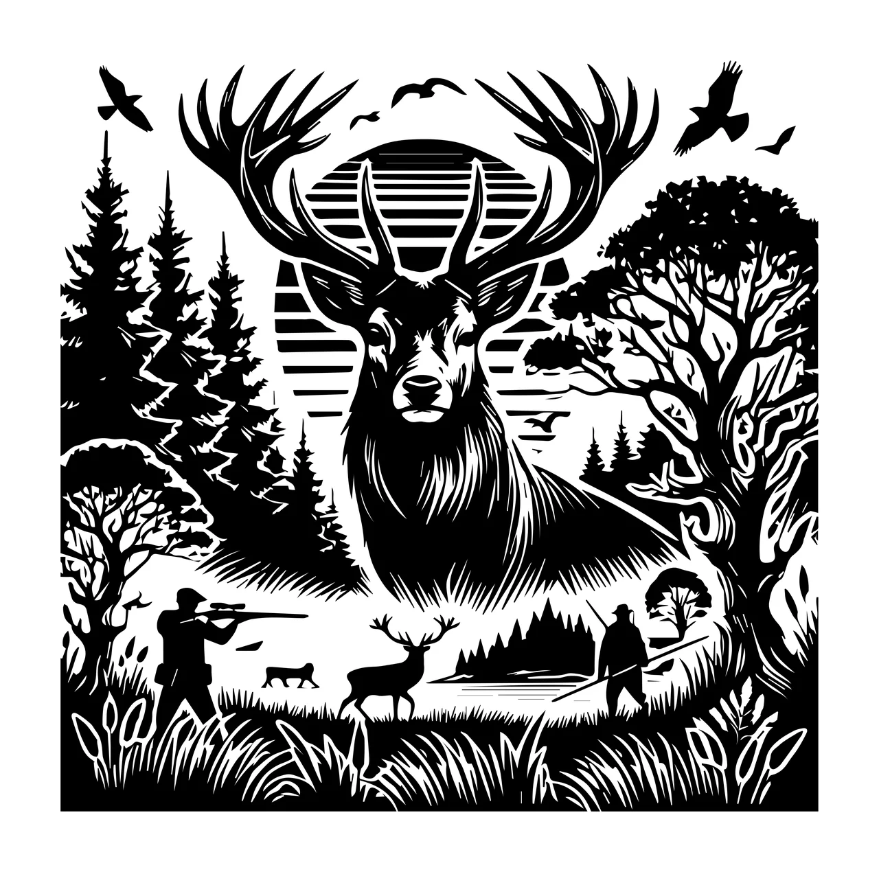 Hunting Stag In Forest Scene Graphic standing trees hunter