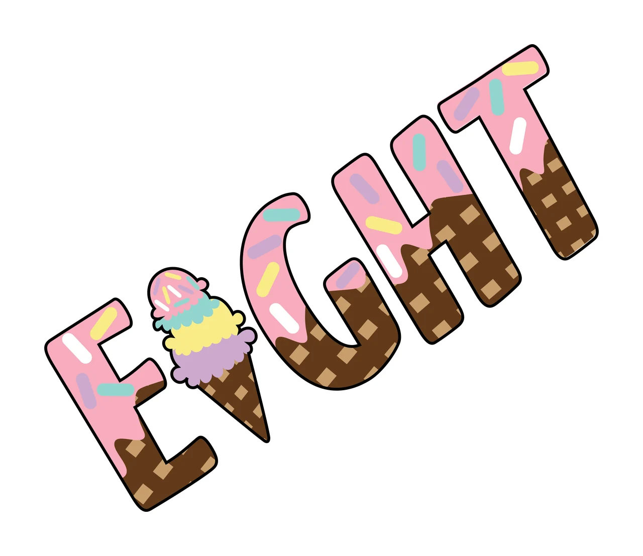 Ice Cream Eight Word With Cone typography waffle scoops sprinkles