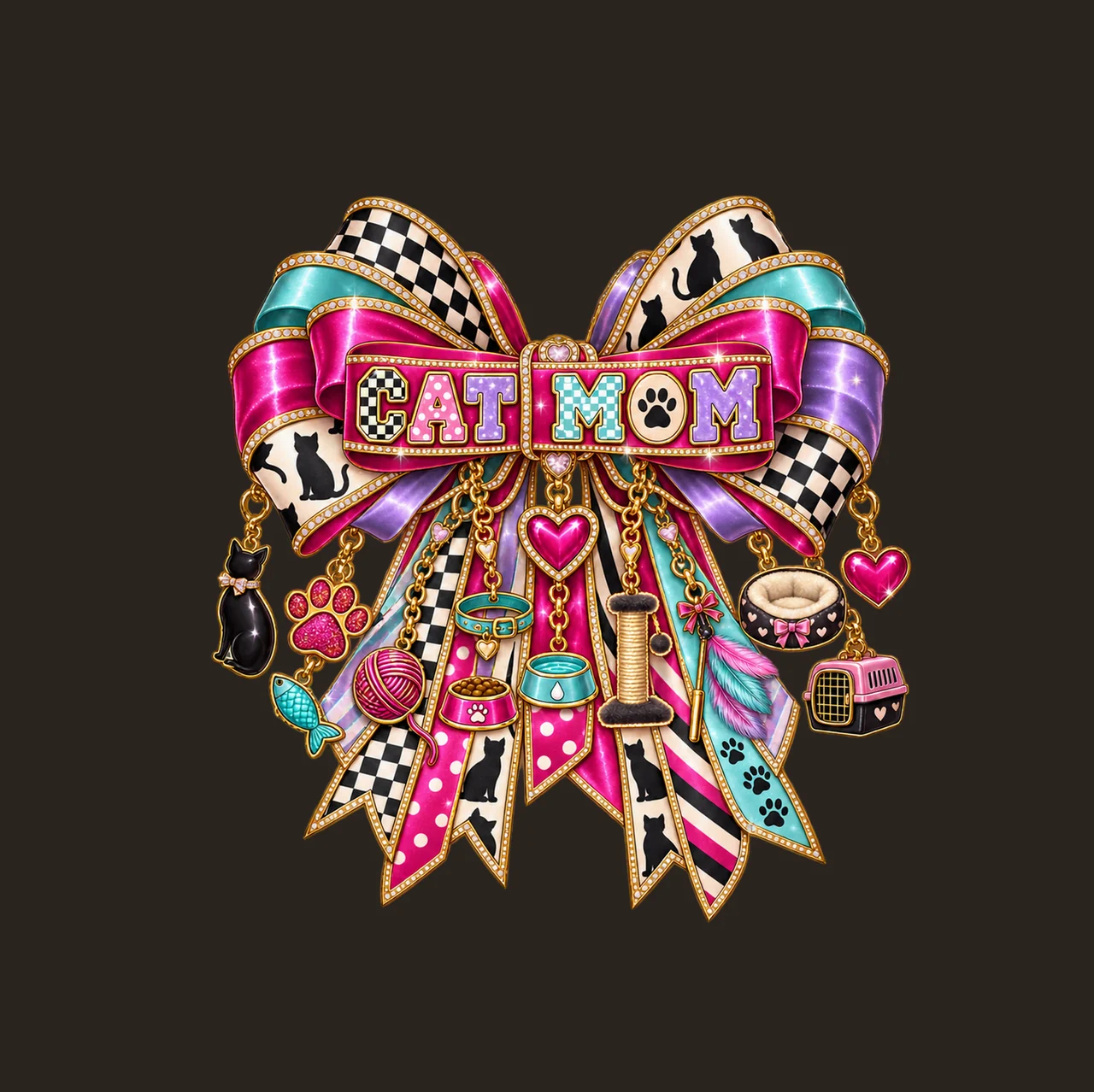 Cat Mom Bow Charm PNG, Patterned Varsity Mom Ribbon Clipart, Transparent Sublimation Digital Download contrast preview thumbnail