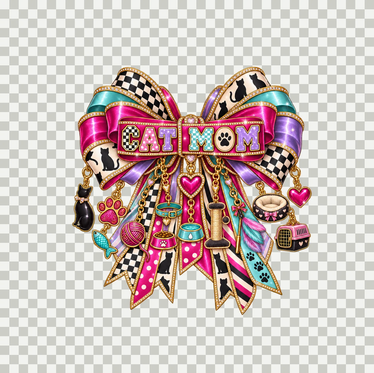 Cat Mom Bow Charm PNG, Patterned Varsity Mom Ribbon Clipart, Transparent Sublimation Digital Download transparency and detail preview thumbnail
