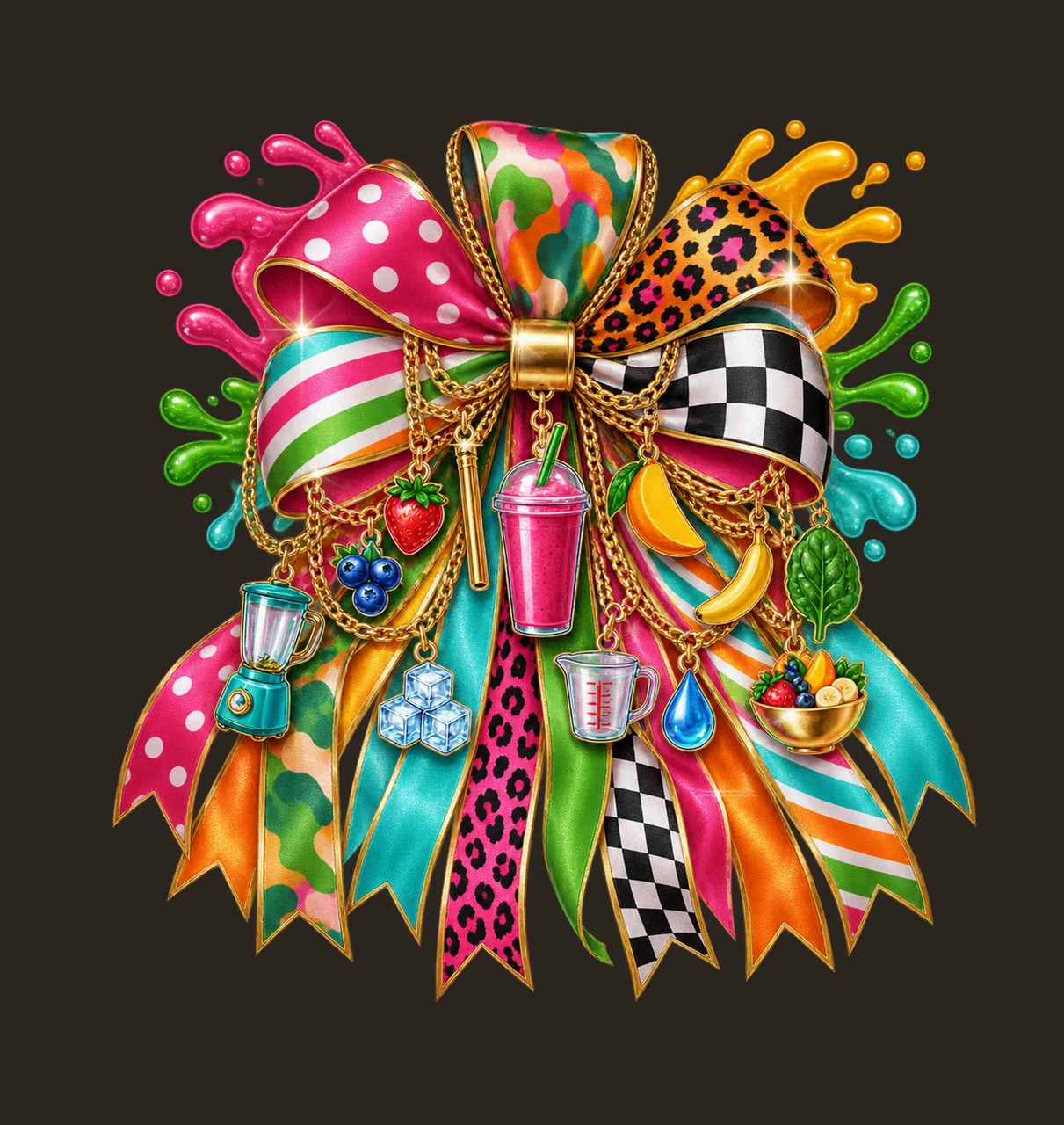 Smoothie Lover Bow Charm PNG, Themed Gold Chain Charms, Coquette Ribbon Sublimation Design, Transparent Digital Download contrast preview thumbnail