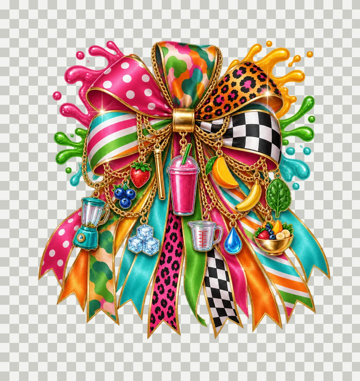 Smoothie Lover Bow Charm PNG, Themed Gold Chain Charms, Coquette Ribbon Sublimation Design, Transparent Digital Download transparency and detail preview thumbnail
