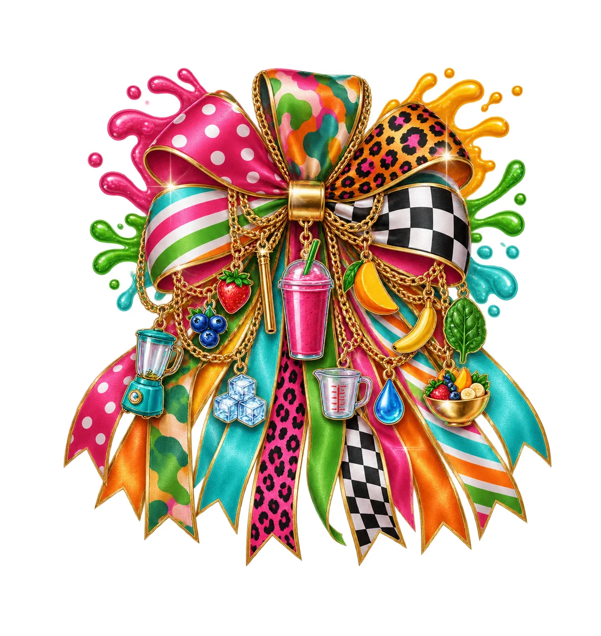 Smoothie Lover Bow Charm PNG, Themed Gold Chain Charms, Coquette Ribbon Sublimation Design, Transparent Digital Download