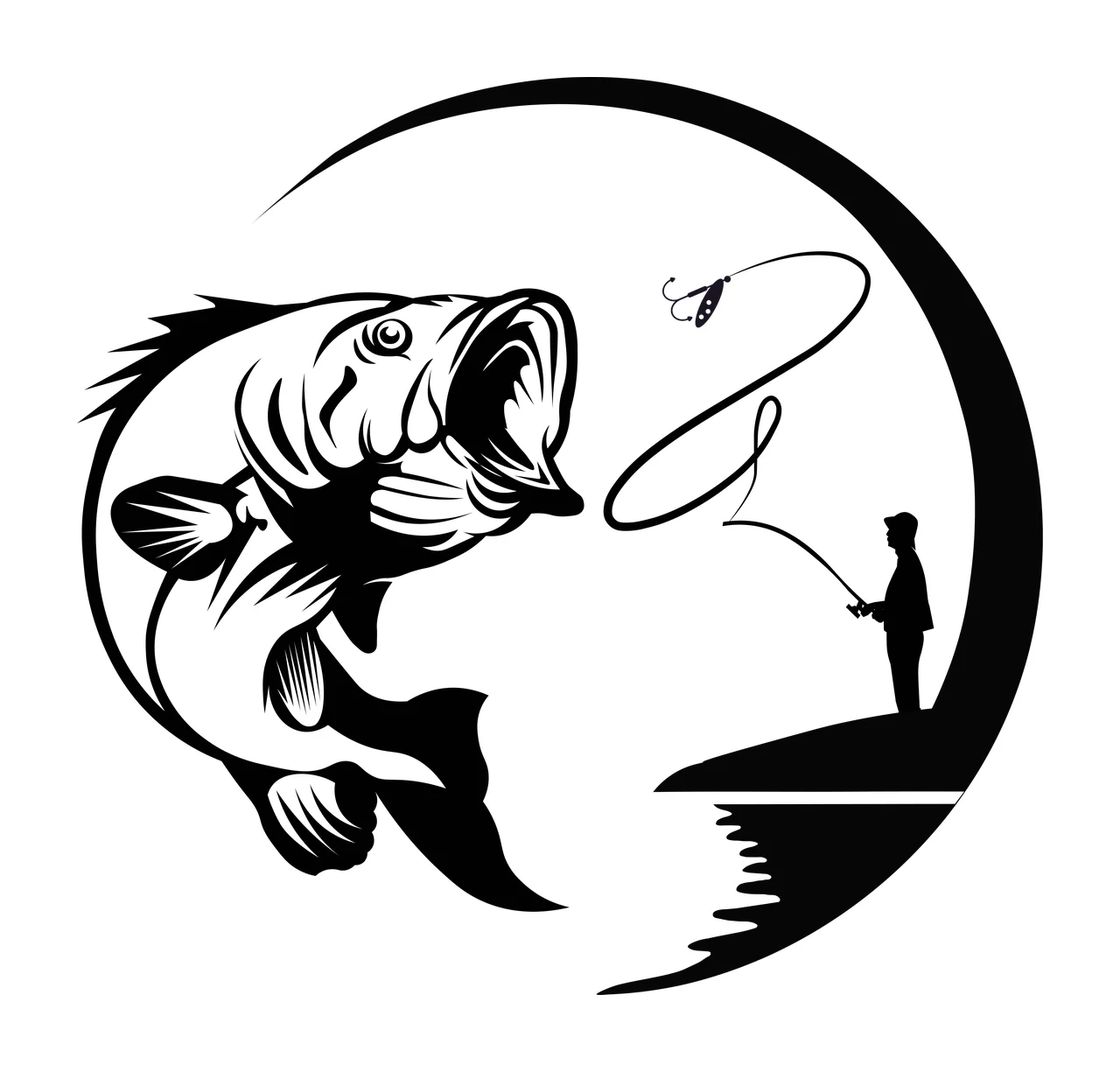 Fishing Bass Jumping From Water With Fisherman fish rod circle