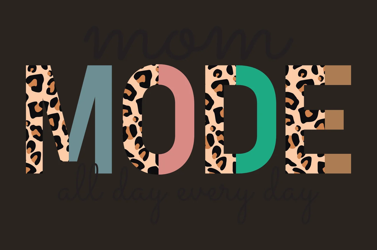 Mom MODE all day every day Typography Design with leopard print, color-blocked letters, black cursive script and text 'mom' in beige and teal contrast preview thumbnail