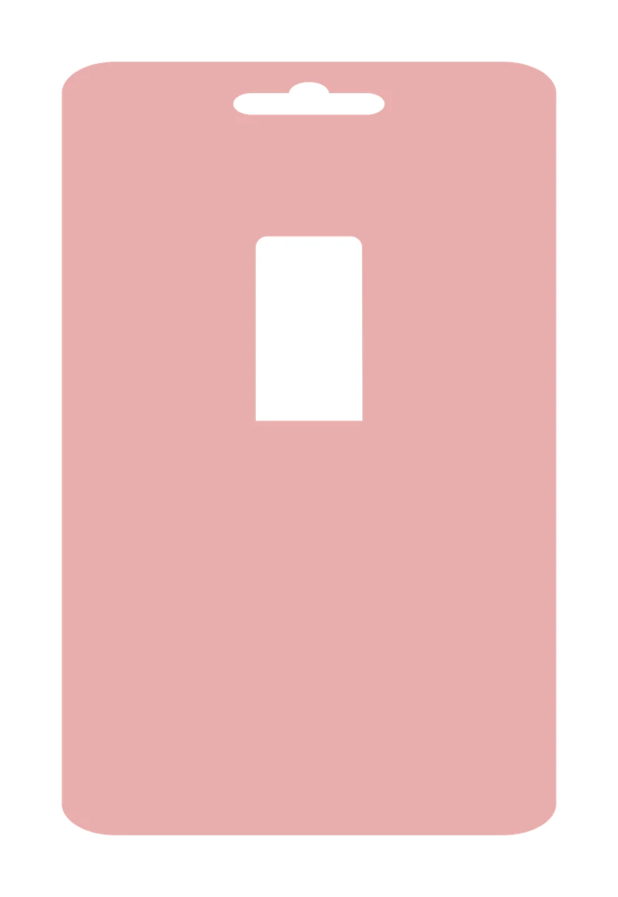 Packaging card template Illustration with pink packaging card, top hang hole cutout, centered rectangular window cutout and rounded corners in dusty pink and white