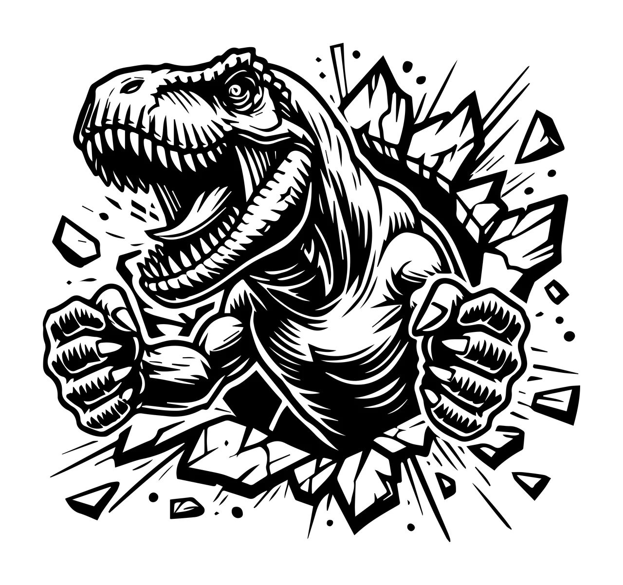 Dinosaur T Rex Roaring Through Broken Frame teeth claws shards