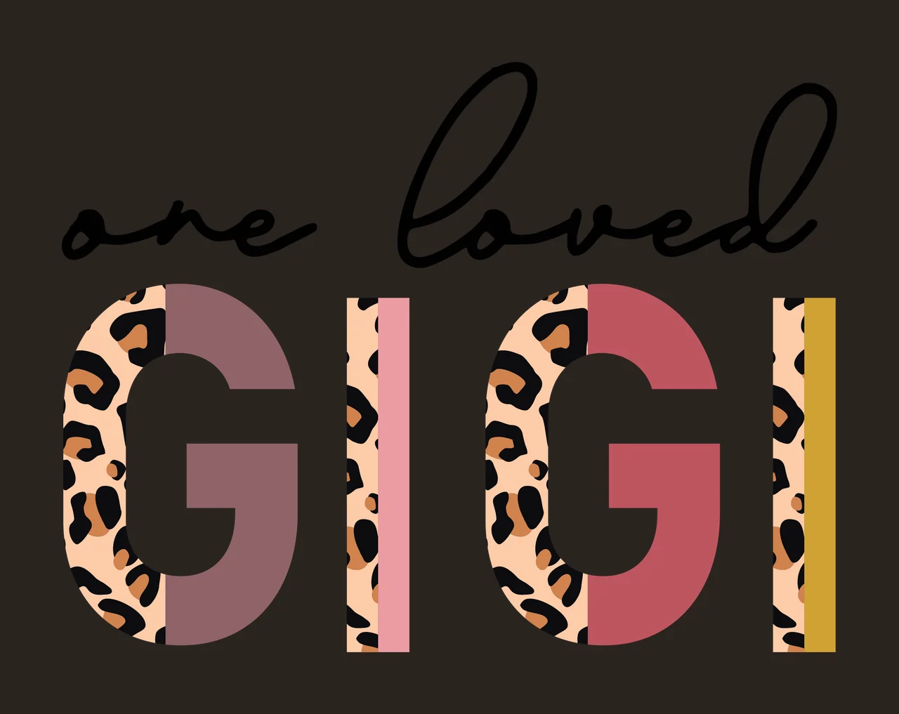 One loved GIGI Typography Design with text 'one loved', leopard print pattern and solid color blocks in mauve pink rose mustard in black, beige and brown contrast preview thumbnail