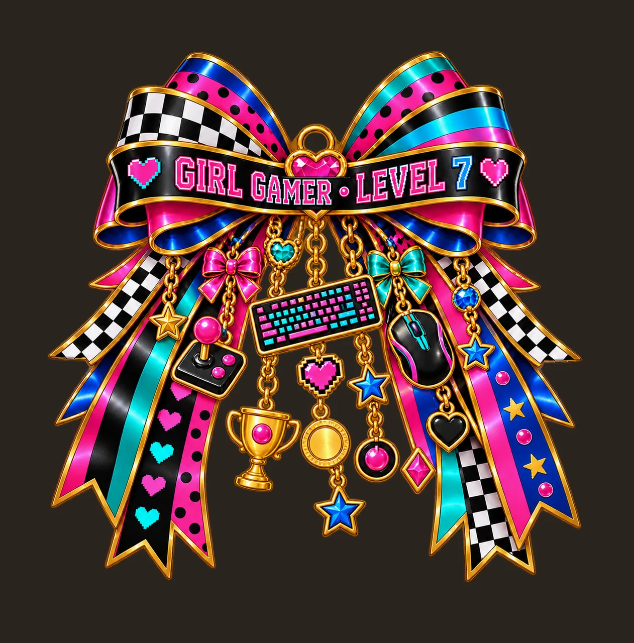 Girl Gamer Level 7 Bow Charm PNG, Patterned Coquette Bow Clipart, Transparent Sublimation Digital Download contrast preview thumbnail