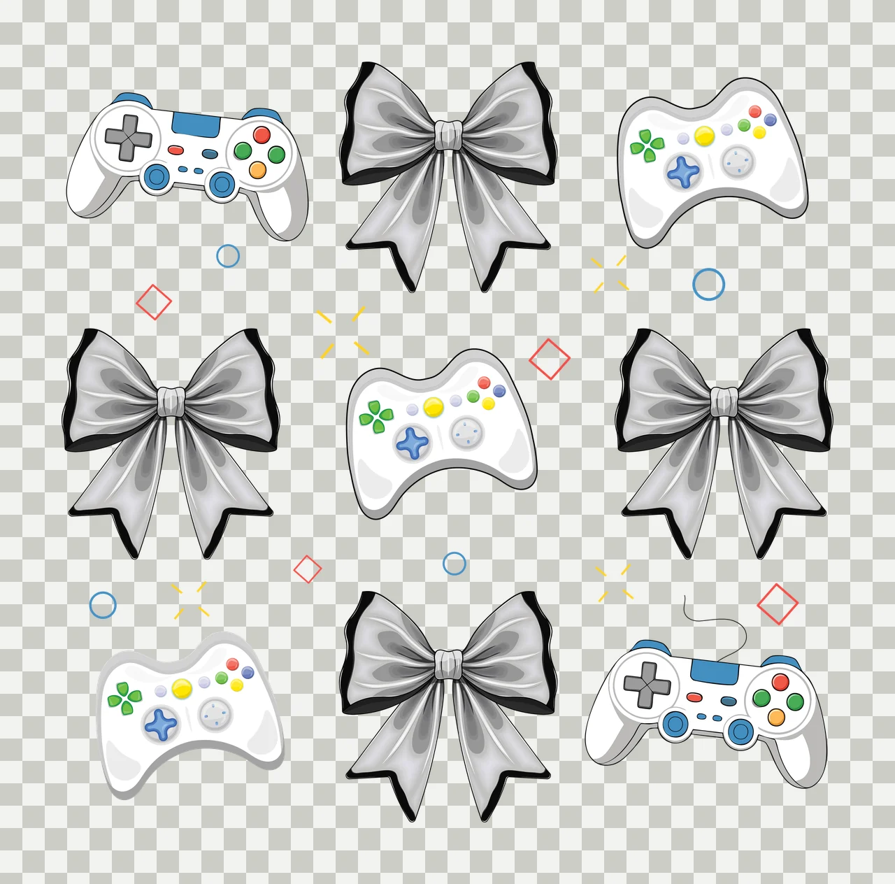 Grid Of Black Silhouettes With Bows And Game controllers circles transparency and detail preview thumbnail