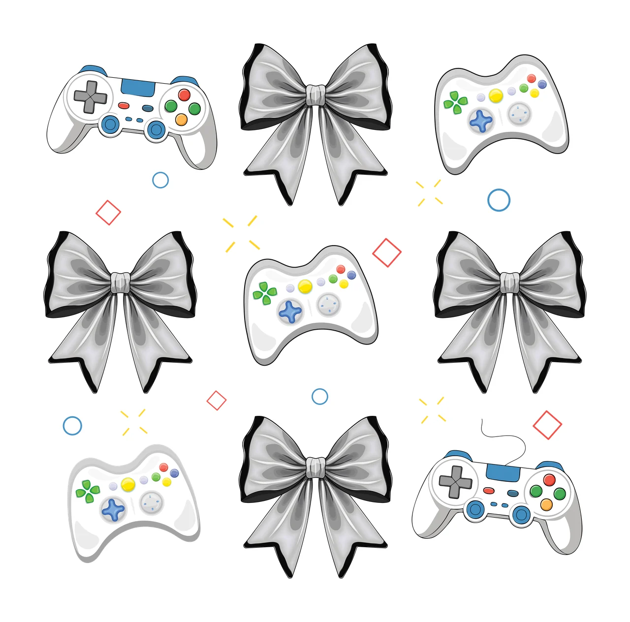 Grid Of Black Silhouettes With Bows And Game controllers circles