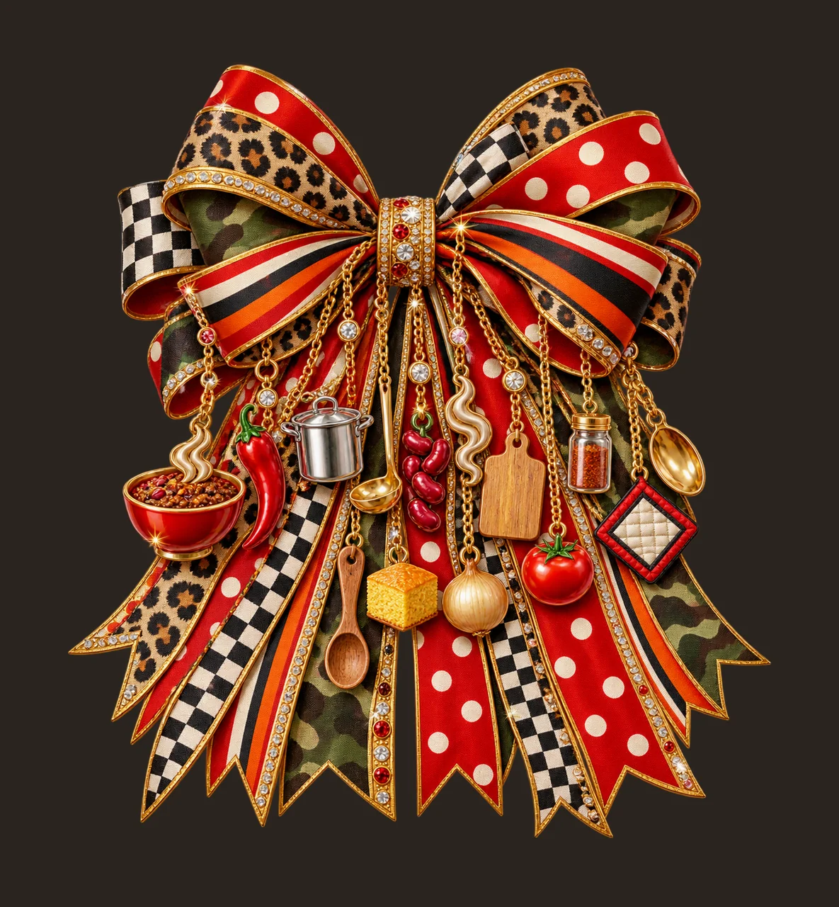 Chili Cook Bow Charm PNG, Themed Gold Chain Charms, Coquette Ribbon Sublimation Design, Transparent Digital Download contrast preview thumbnail