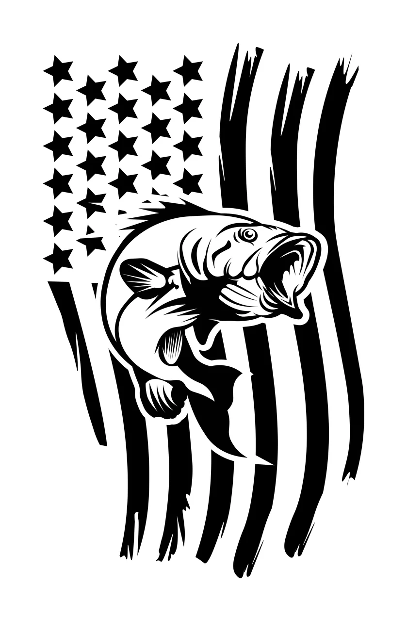 Black And White Leaping Fish Flag Graphic illustration stars