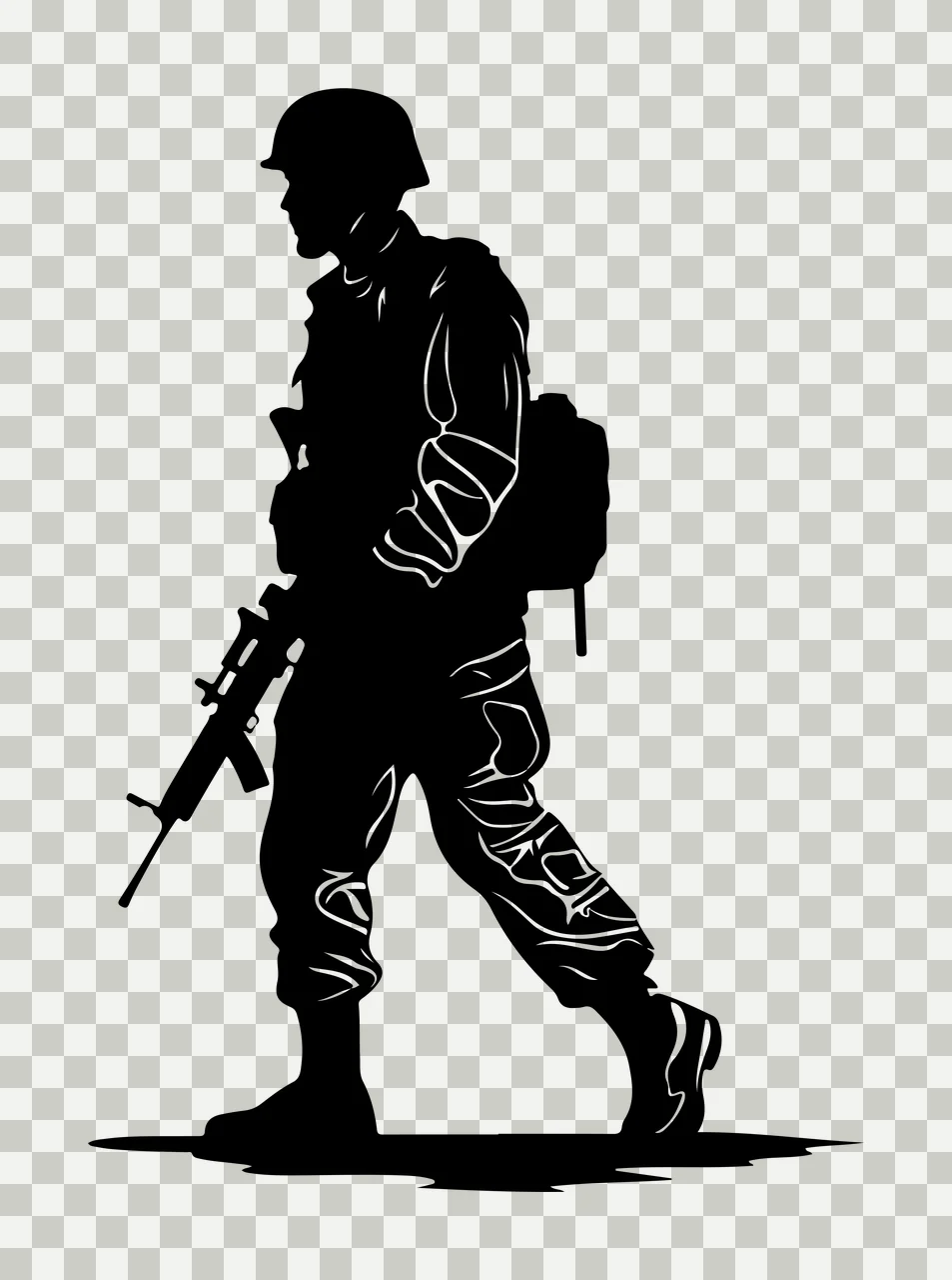 Soldier Silhouette Walking With Rifle helmet uniform backpack transparency and detail preview thumbnail