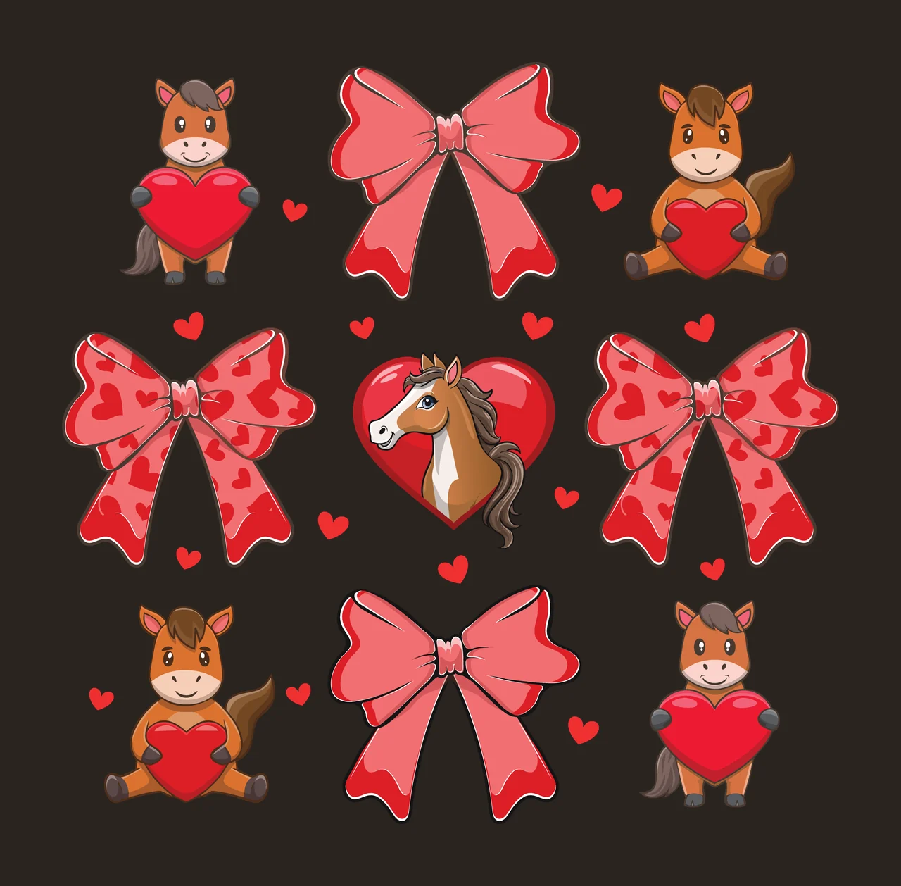 Bow Horse Cartoon And Red holding heart brown black white pattern contrast preview thumbnail