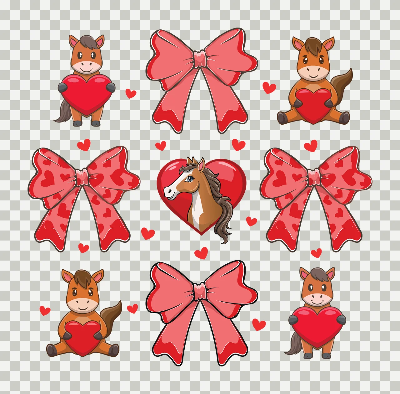 Bow Horse Cartoon And Red holding heart brown black white pattern transparency and detail preview thumbnail