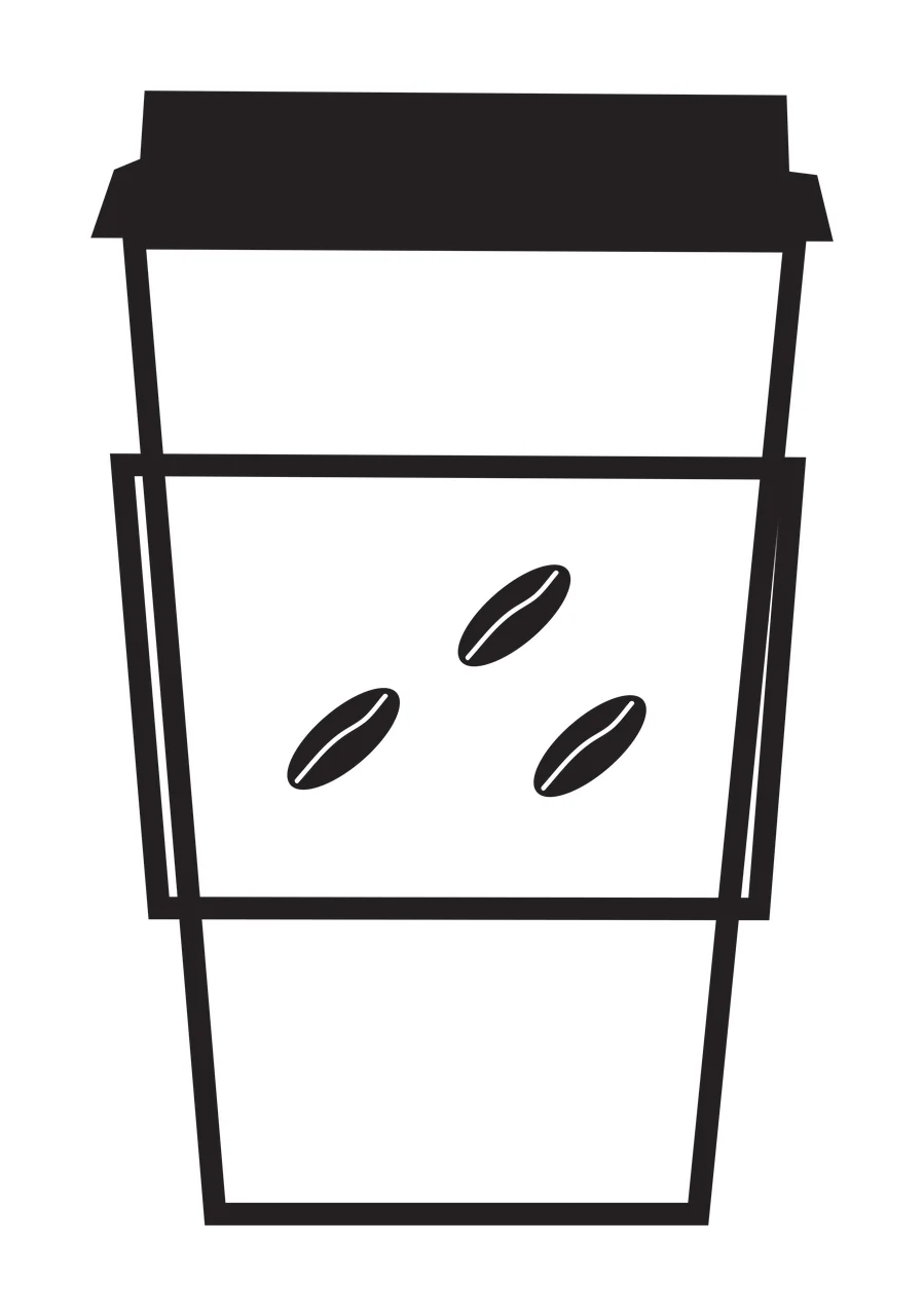 Line Art Illustration of Coffee cup icon with coffee beans with black coffee cup, black lid and three coffee beans in white