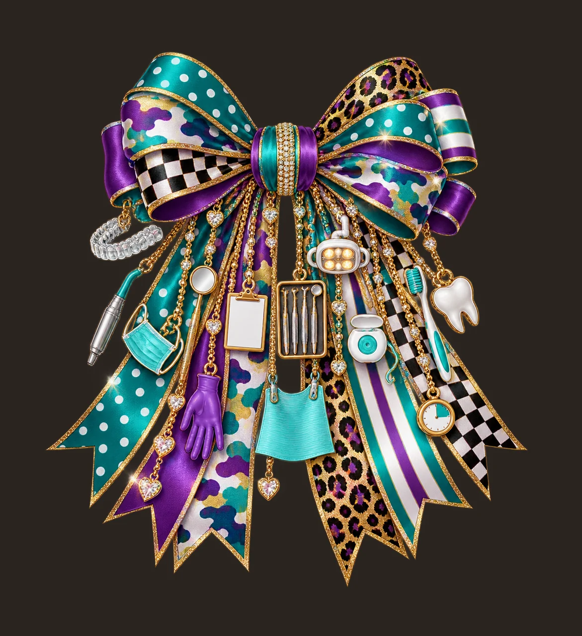 Dental Assistant Bow Charm PNG, Themed Gold Chain Charms, Coquette Ribbon Sublimation Design, Transparent Digital Download contrast preview thumbnail