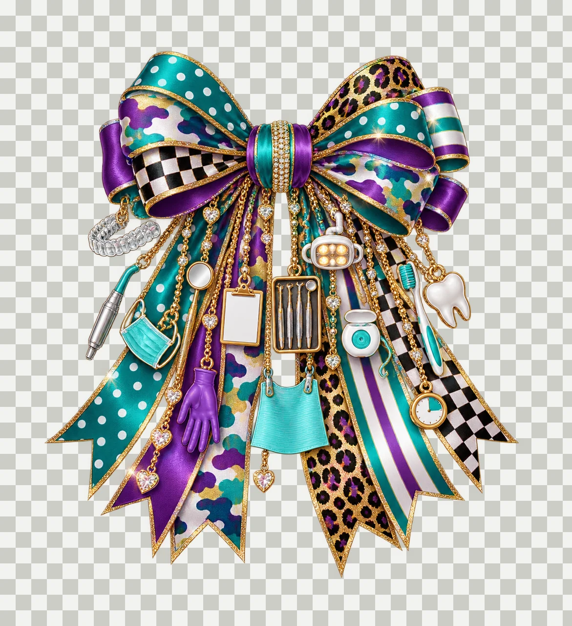 Dental Assistant Bow Charm PNG, Themed Gold Chain Charms, Coquette Ribbon Sublimation Design, Transparent Digital Download transparency and detail preview thumbnail