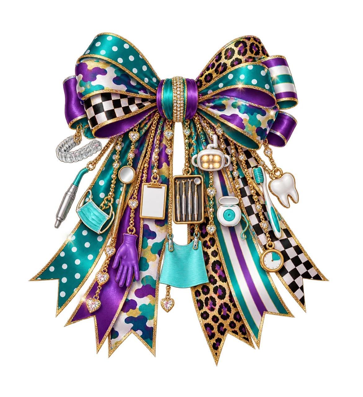 Dental Assistant Bow Charm PNG, Themed Gold Chain Charms, Coquette Ribbon Sublimation Design, Transparent Digital Download