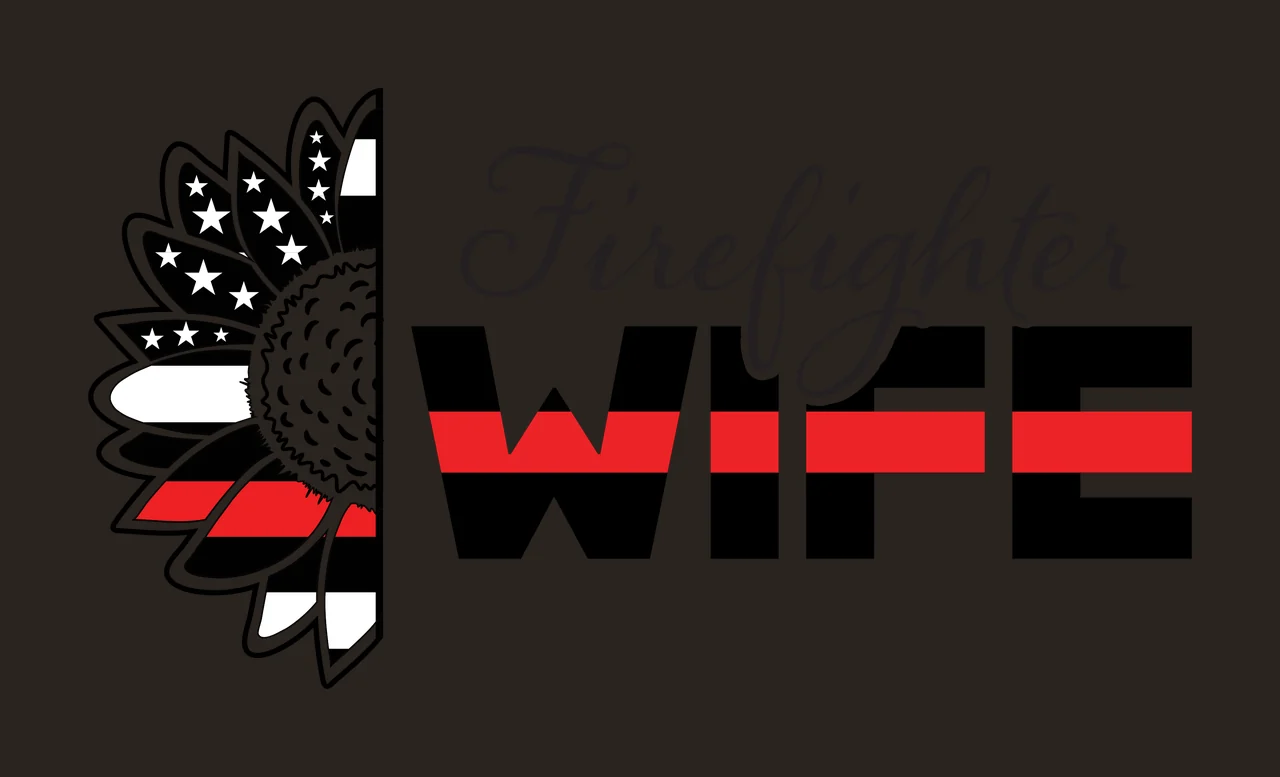 Firefighter WIFE Firefighter WIFE typography with half sunflower, stars, stripes and thin red line in black and white contrast preview thumbnail