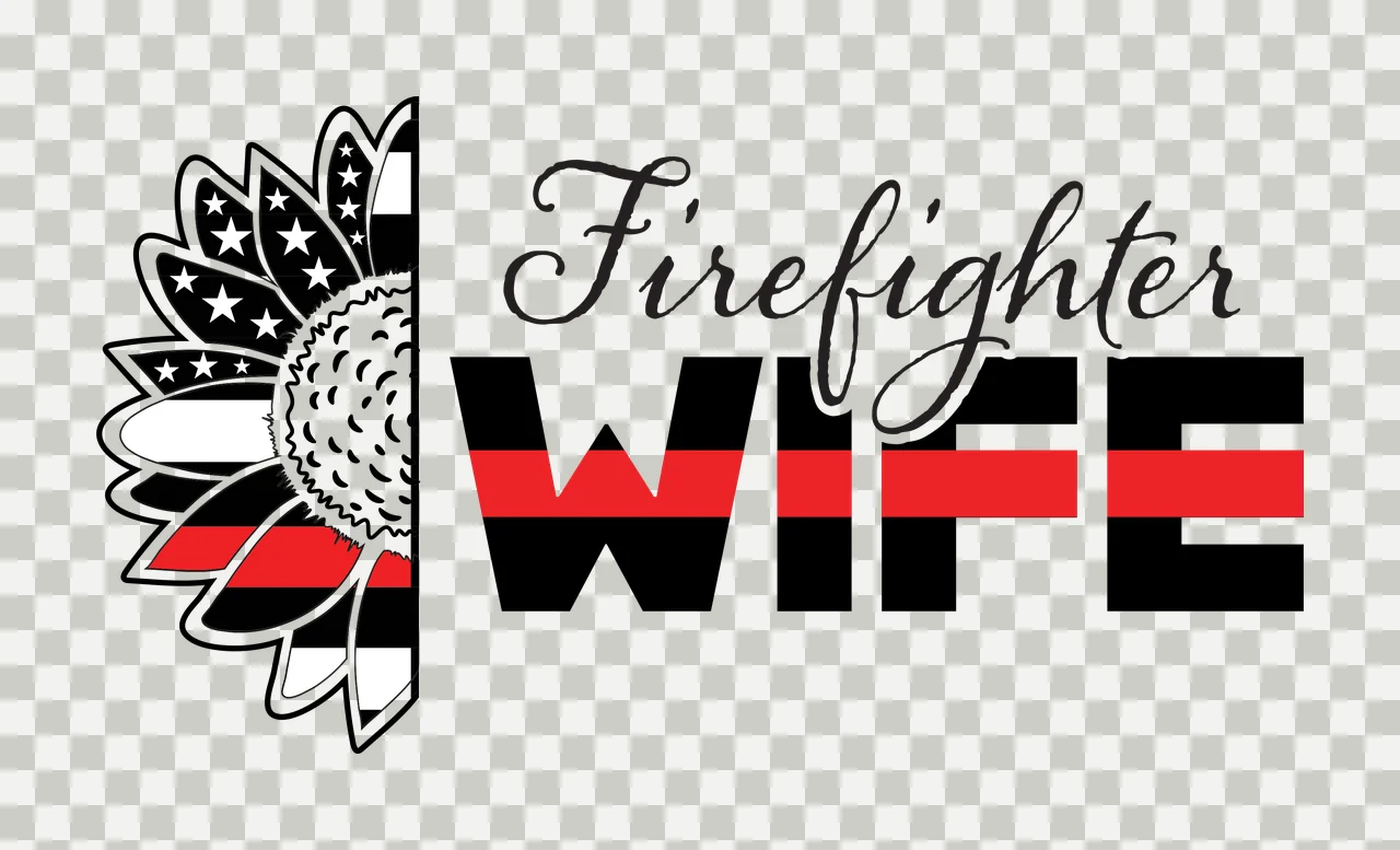 Firefighter WIFE Firefighter WIFE typography with half sunflower, stars, stripes and thin red line in black and white transparency and detail preview thumbnail