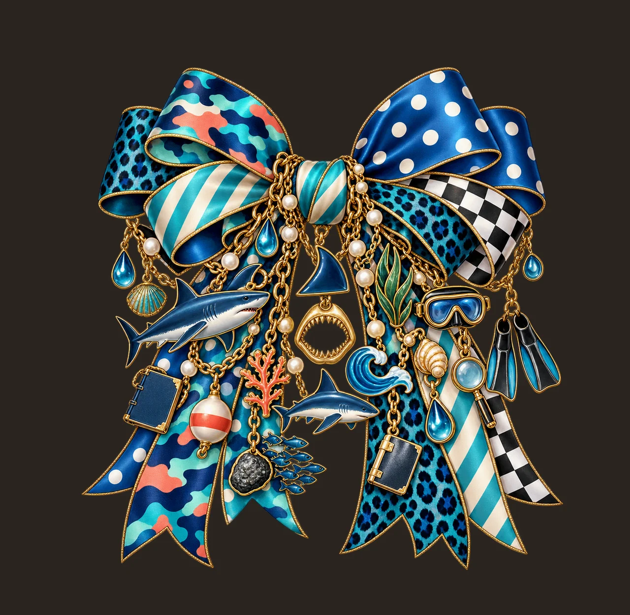 Shark Lover Bow Charm PNG, Themed Gold Chain Charms, Coquette Ribbon Sublimation Design, Transparent Digital Download contrast preview thumbnail
