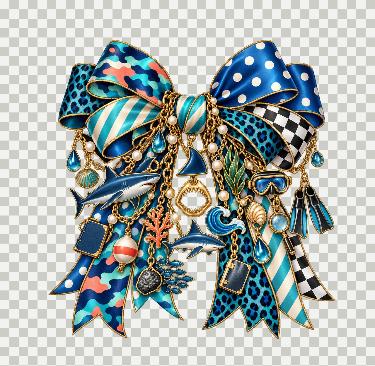 Shark Lover Bow Charm PNG, Themed Gold Chain Charms, Coquette Ribbon Sublimation Design, Transparent Digital Download transparency and detail preview thumbnail