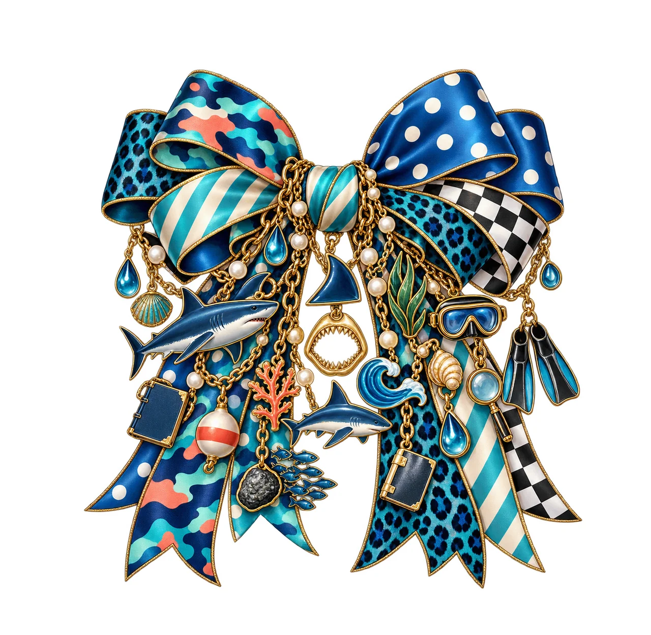 Shark Lover Bow Charm PNG, Themed Gold Chain Charms, Coquette Ribbon Sublimation Design, Transparent Digital Download