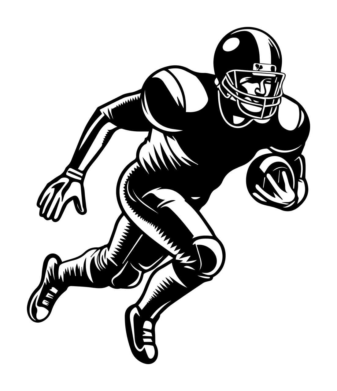 Football Player Running Holding Ball helmet black white sport