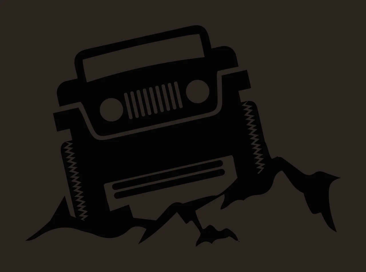 Off-road vehicle silhouette breaking through rock Illustration with black off-road vehicle, zigzag suspension lines, rocky terrain and white background contrast preview thumbnail