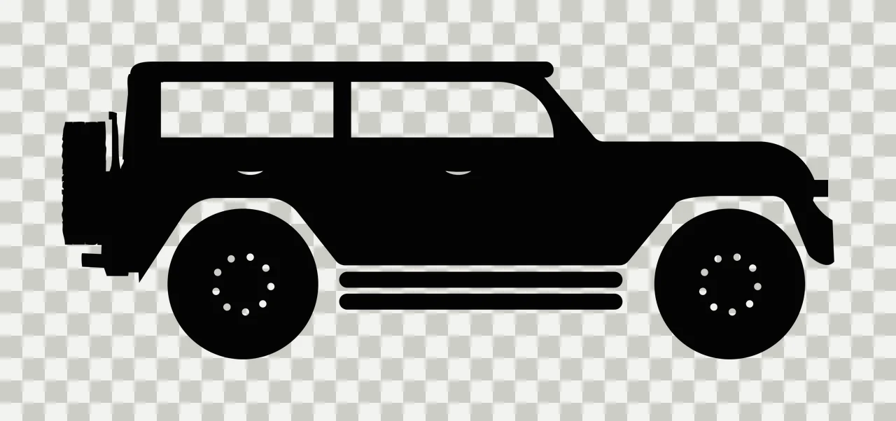 Off-road SUV silhouette Illustration with black SUV silhouette, spare tire on rear, dot-pattern wheels and three horizontal body stripes transparency and detail preview thumbnail