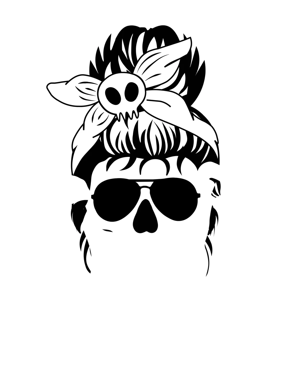 Line Art Illustration of skull with messy bun with skull face, aviator sunglasses, messy bun hair and tied bow headband in black and white