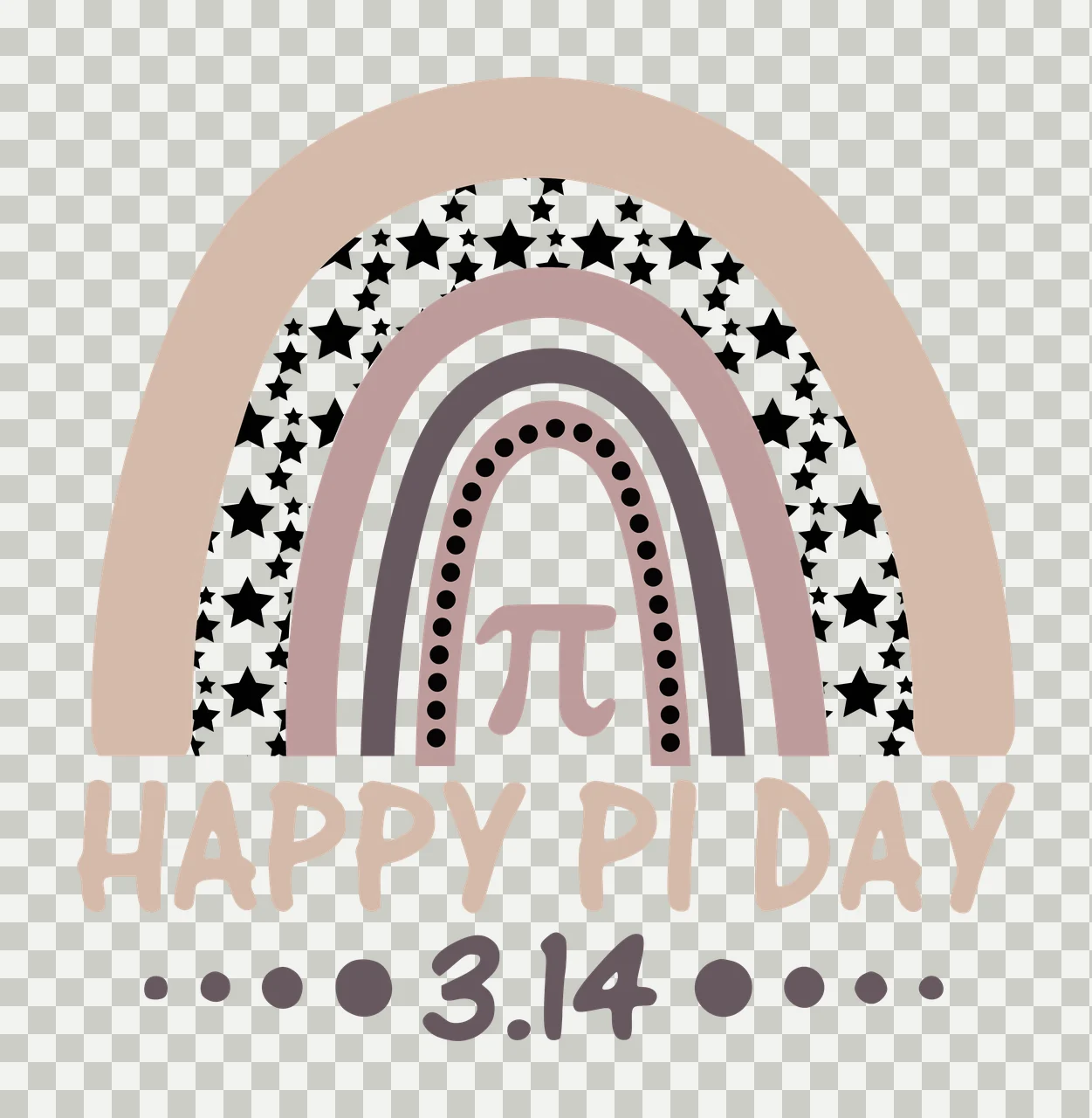 HAPPY PI DAY 3.14 Pi Day celebration Design with multi-layered rainbow arch, black stars on white background, pi symbol and HAPPY PI DAY text in beige, muted pink and gray transparency and detail preview thumbnail