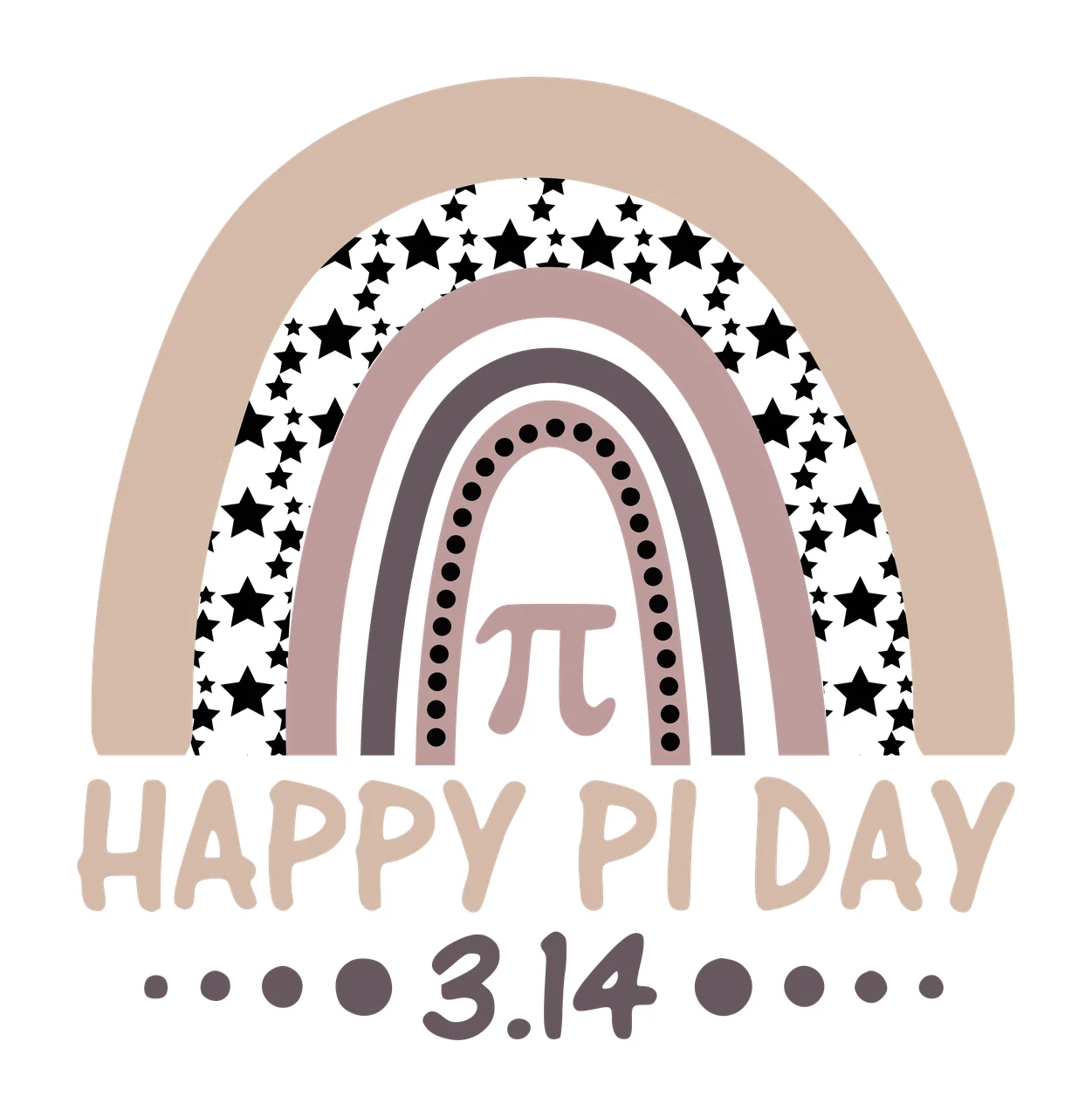 HAPPY PI DAY 3.14 Pi Day celebration Design with multi-layered rainbow arch, black stars on white background, pi symbol and HAPPY PI DAY text in beige, muted pink and gray