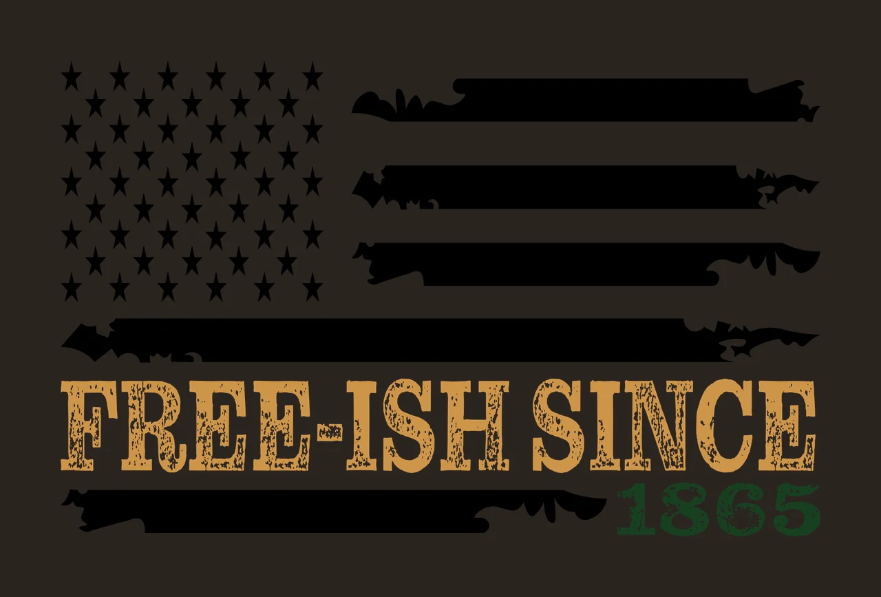 FREE-ISH SINCE 1865 distressed flag typography Design with five-pointed stars, distressed stripes, serif text and grunge texture in black, gold and green contrast preview thumbnail