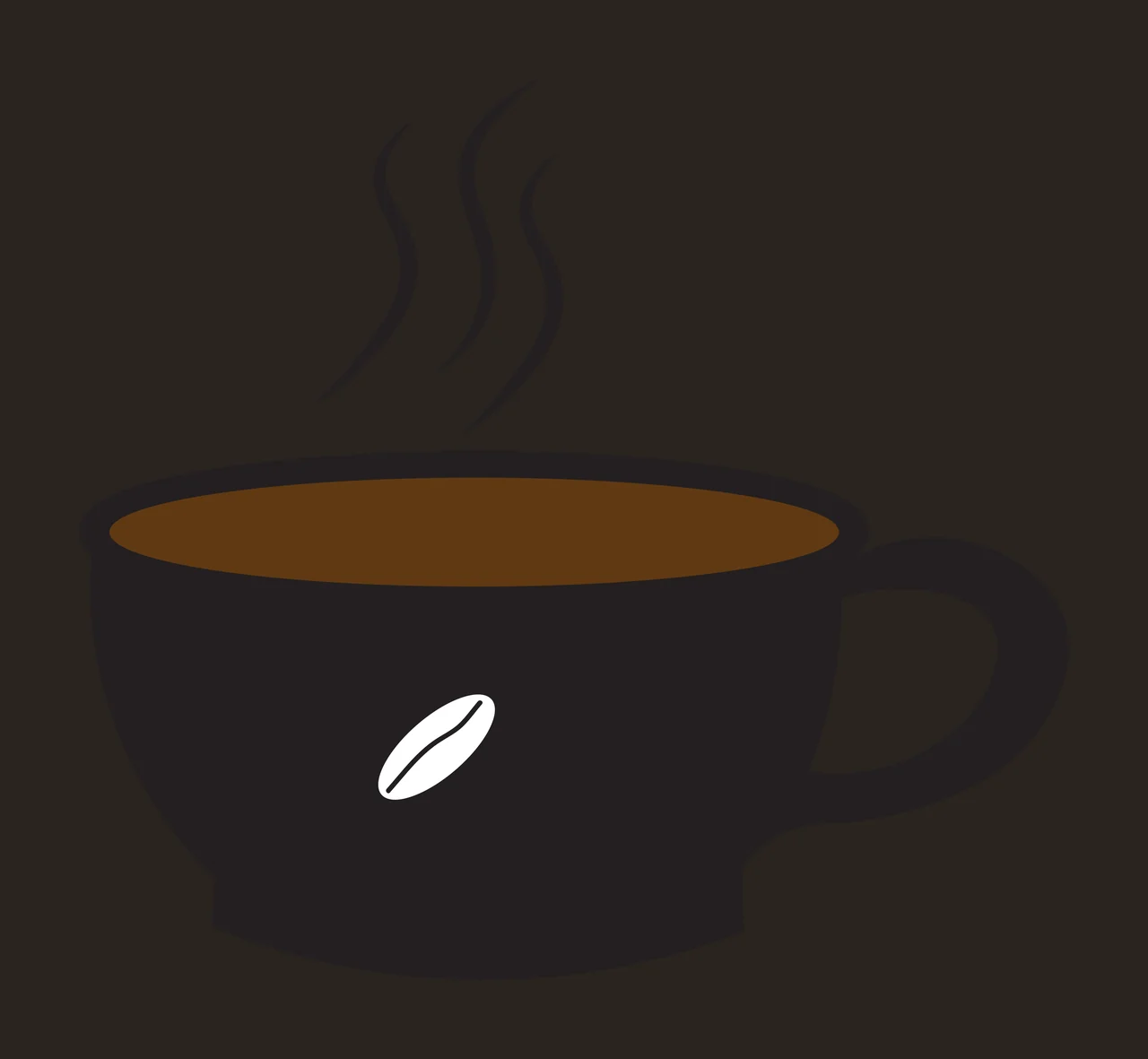 Black coffee cup with brown liquid and steam Illustration with three steam lines and white coffee bean contrast preview thumbnail